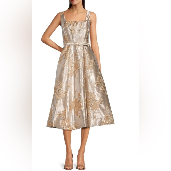 Taylor Metallic gold floral Jacquard Sleeveless Fit & Flare Midi Dress size 10 - Picture 2 of 2